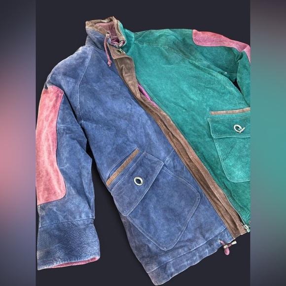 90s Vintage Paris Sport Club Color Block Suede Leather Parka | Size Medium - Picture 4 of 7